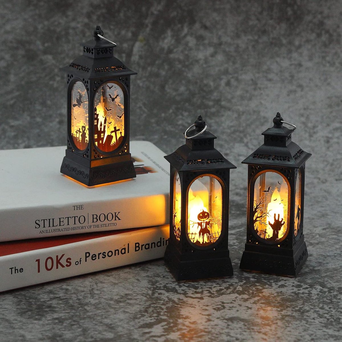 3Pcs Halloween LED Candle Lantern Retro LED Oil Lamp Decorative Plastic Vintage Hanging Candle Lights Small Hollowout - ShopVlot