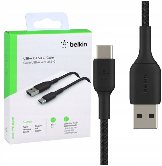 Belkin USB-A naar USB-C kabel, zwart, 2 meter. Verpakking met kabel en details.
