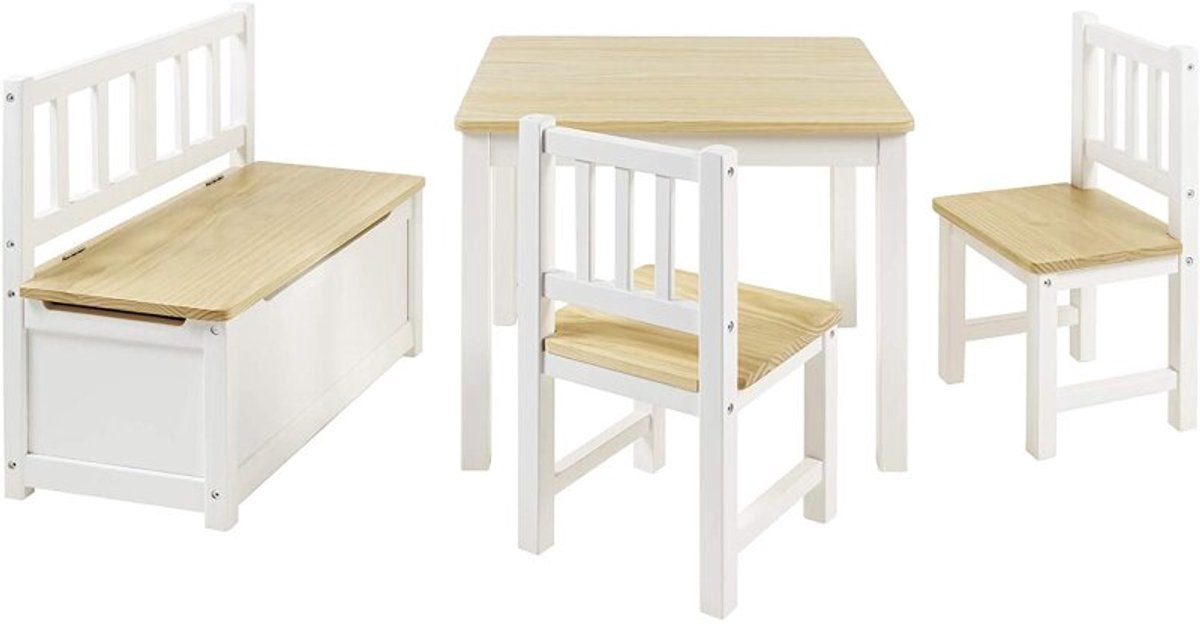 Bomi Anna Kindertafel met Stoeltjes en Opbergbank Naturel Wit - Bank met Opbergruimte - Soft-Close Deksel - Massief Grenenhout FSC - Speeltafel - 3 t/m 6 Jaar