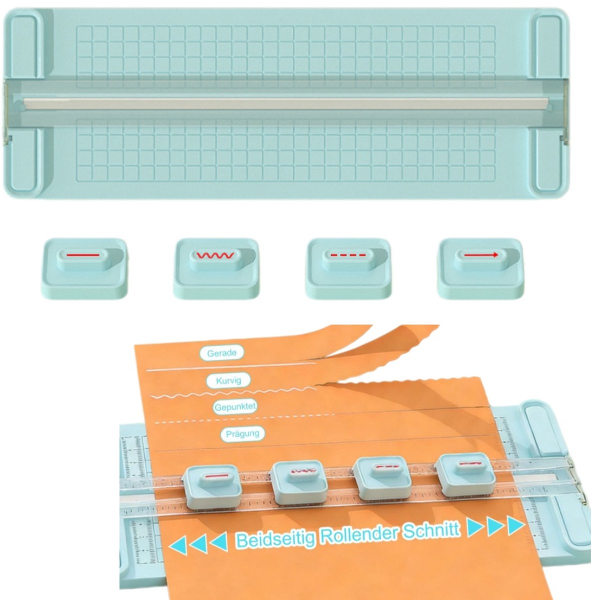 4-in-1 papiersnijder – Snijgereedschap voor scrapbooks – Handmatig snijgereedschap met twee richtingen – Met recht mes, golvend mes, stippellijnmes en rilmes –Blauw– 365x123 mm – voor karton, scrapbooks, fotopapier en het maken van Valentijnskaarten.