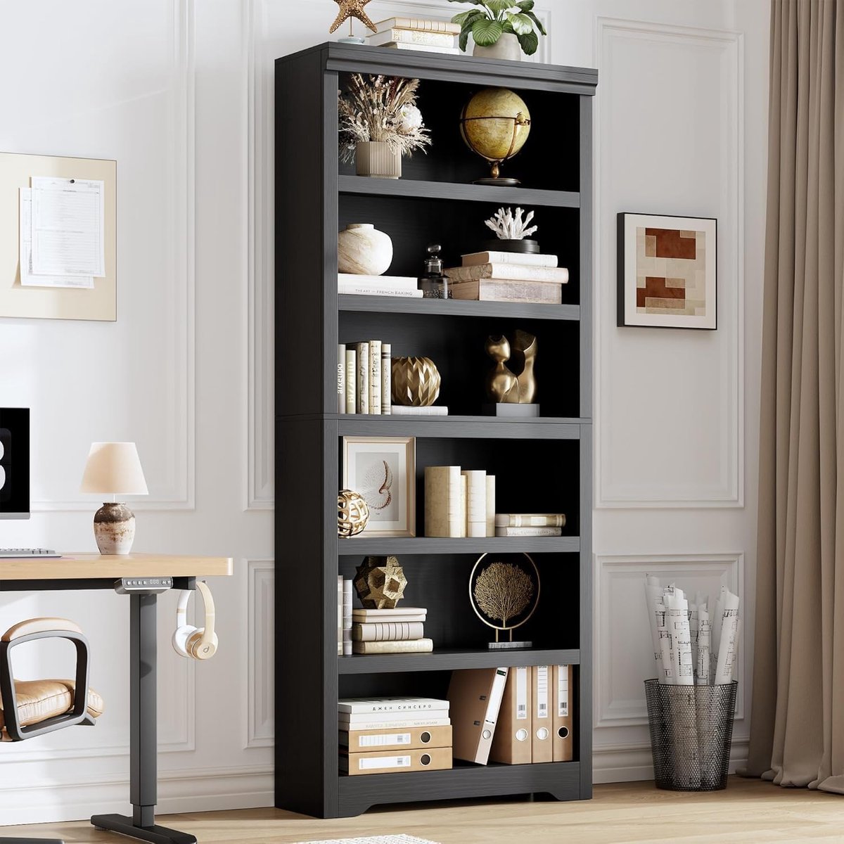 Hoge Boekenkast 6 Lagen - 80x29.5x190cm - Boekenkast Vintage - Verstelbare Planken - Kantelbeveiliging - Open Opbergkast - Voor Woonkamer Kantoor - Zwart