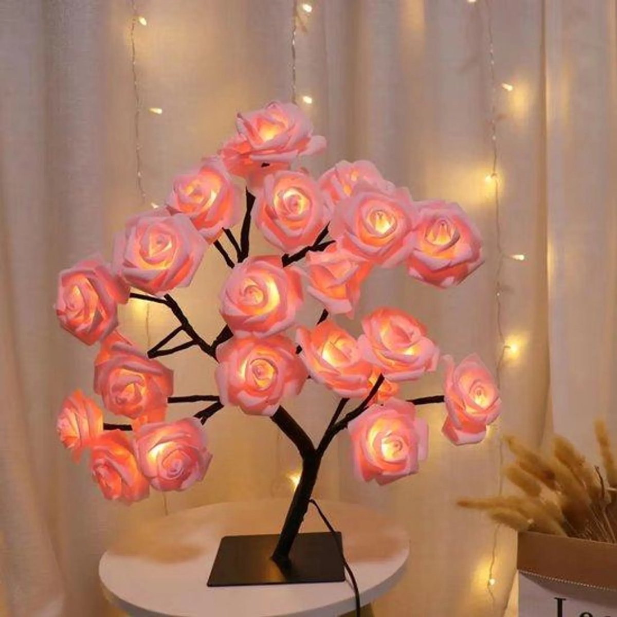 Casalora Kunstmatige Roze Rozenboom Lamp – 40cm – 30 Warm Witte LED – USB Tafellamp DIY Decoratielamp voor Slaapkamer – Decoratieve Verlichting