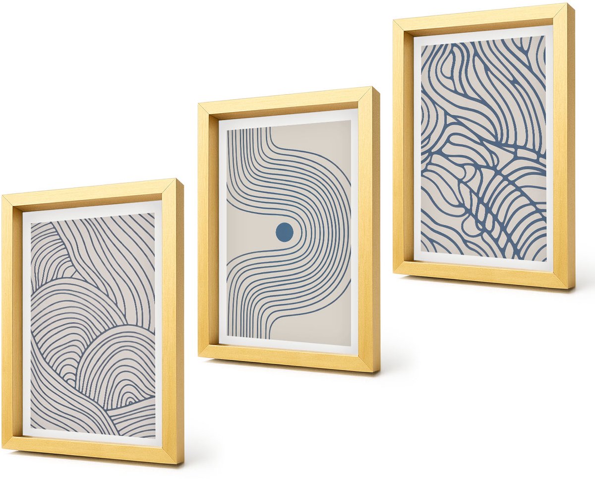 Coloray 4-Delige Schilderij Set - Abstracte decoratieve lijnen en golfvormen - 20 x 30 cm - Wanddecoratie - Woonkamer Decoratie