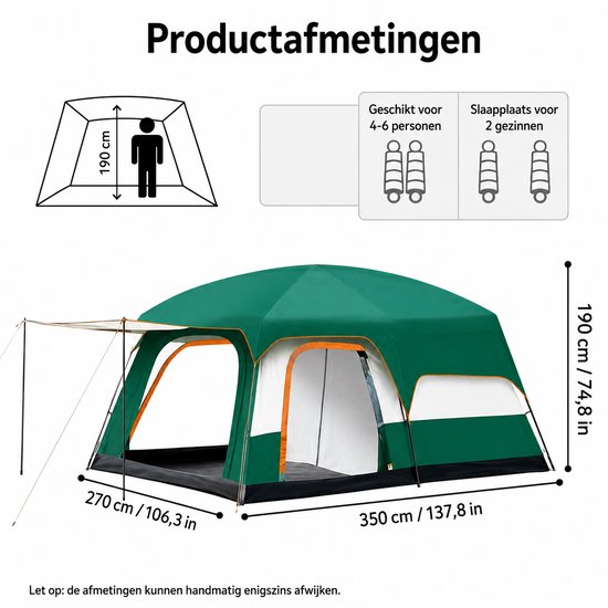 Linkforu - Ruime Familietent - Waterdicht En Windbestendig - Grote Cabine Tent - Gezinscamping - Met Luifel En Ventilatie - Tot 4 personen van Linkforu — afbeelding 4