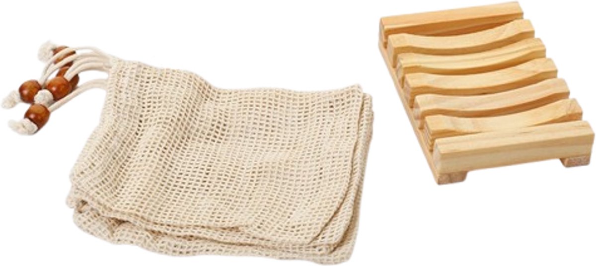 Trywise 1 Stuk Houten Zeepbakje - Zelfdrogende Zeephouder met 5 Katoenen Zeepzakjes - 11 x 8 x 2,1 cm - Primaire kleur