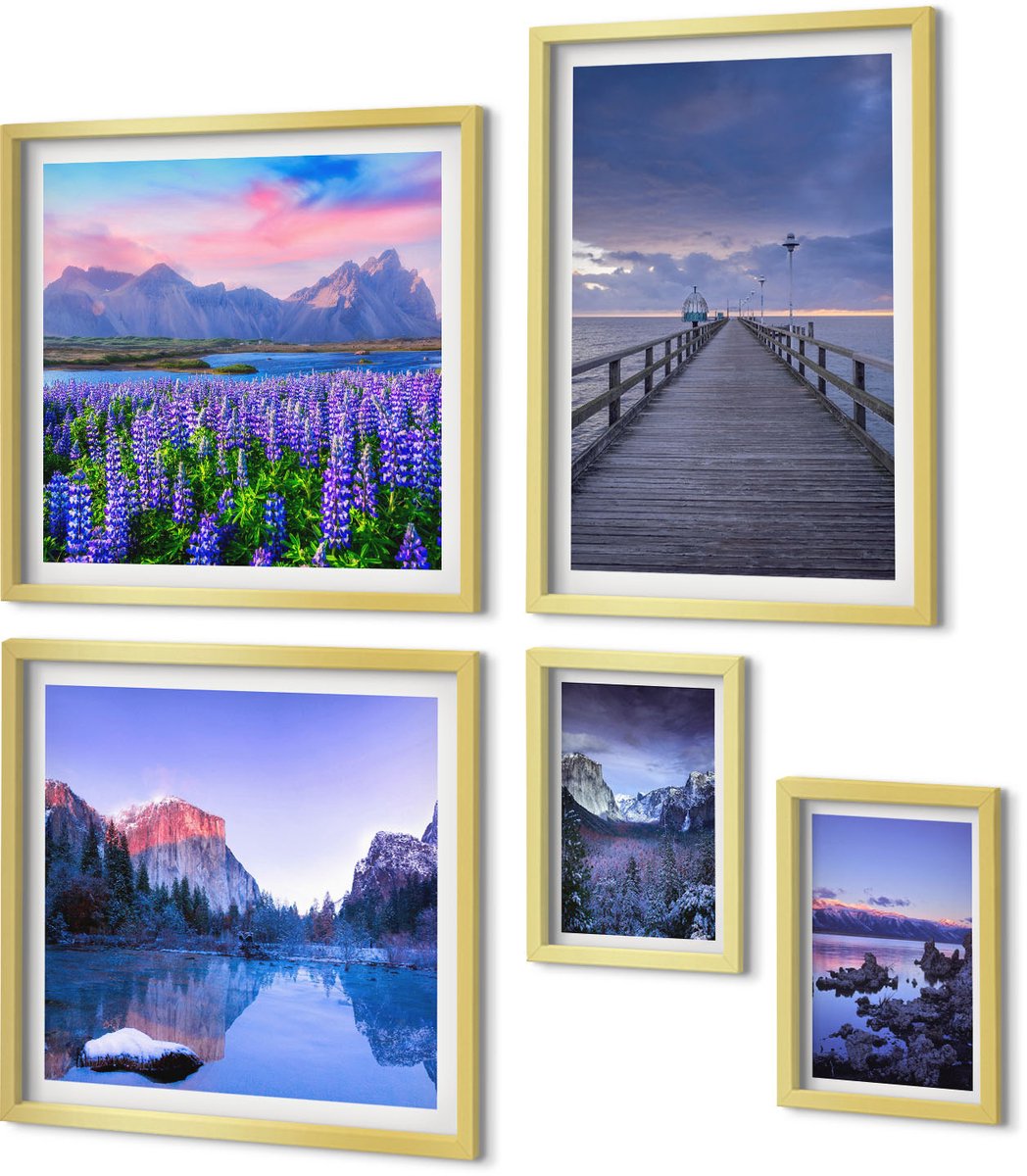Coloray 5-Delige Schilderij Set - Berg- En Kustlandschappen Met Schilderachtige Uitzichten - 50 x 50 cm, 20 x 30 cm En 40 x 60 cm - Wanddecoratie - Schilderijen Set - Kantoor - Decoratieve Schilderijen