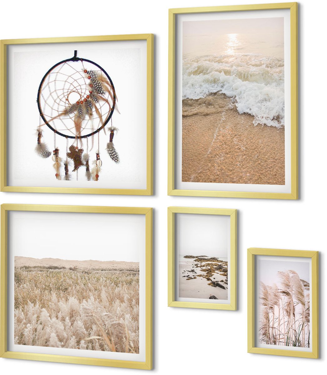 Coloray 5-Delige Schilderij Set - Natuurlijke Landschappen Met Strand- En Plantenmotieven - 50 x 50 cm, 20 x 30 cm En 40 x 60 cm - Moderne Wanddecoratie - Woonkamer - Stijlvolle Muurdecoratie