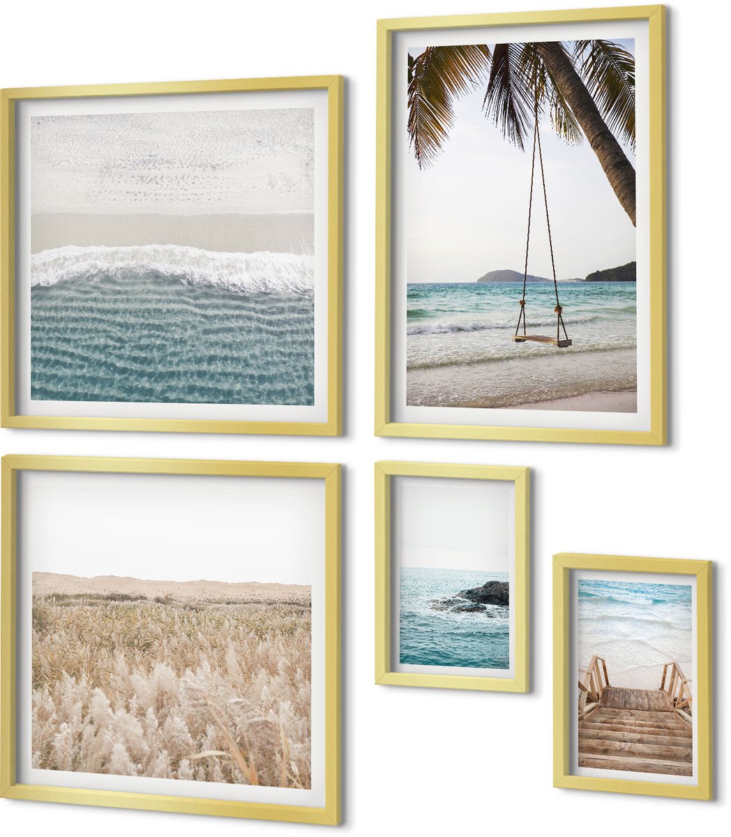 Coloray 5-Delige Schilderij Set - Ontspannend Uitzicht Op Zee Met Strand En Golven - 50 x 50 cm, 20 x 30 cm En 40 x 60 cm - Stijlvolle Muurdecoratie - Kantoor - Wanddecoratie