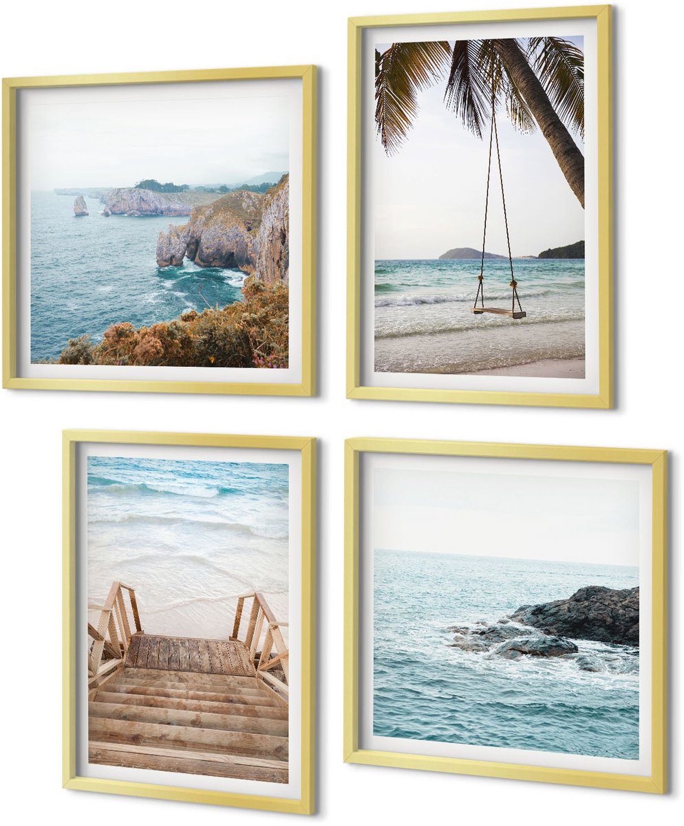 Coloray 4-Delige Schilderij Set - Trap naar het strand, uitzicht op zee en schommel in een palmboom - 40 x 40 cm en 40 x 60 cm - Muurdecoratie - Decoratieve Schilderijen - Wohnzimmer
