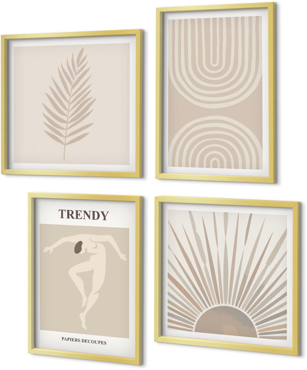 Coloray 4-Delige Schilderij Set - Pastelposters, modieuze boho-abstracties - 40 x 40 cm en 40 x 60 cm - Muurdecoratie - Schilderijen Set - Woonkamer - Stijlvolle Muurdecoratie
