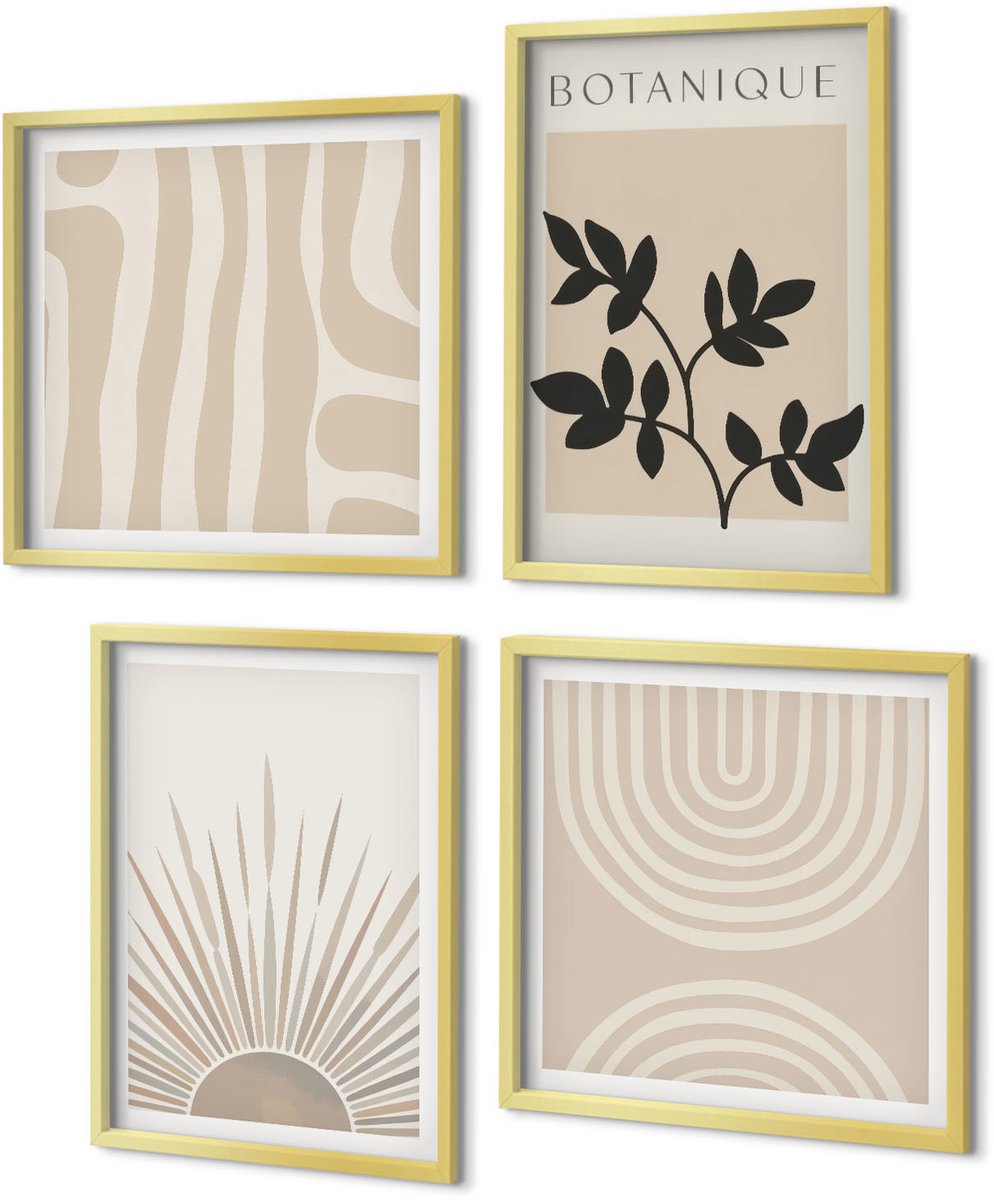 Coloray 4-Delige Schilderij Set - Abstracte patronen met plantenaccenten in neutrale tinten. - 40 x 40 cm en 40 x 60 cm - Wanddecoratie - Moderne Interieurdecoratie - Moderne Wanddecoratie