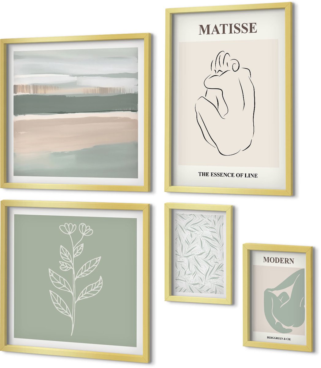 Coloray 5-Delige Schilderij Set - Stijlvolle, Minimalistische Afbeeldingen Met Plant- En Lijnmotieven. - 50 x 50 cm, 20 x 30 cm En 40 x 60 cm - Wanddecoratie - Schilderijen Set - Kantoor - Interieur Decoratie