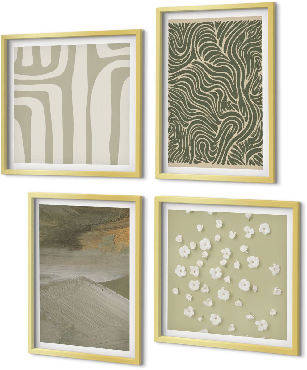 Coloray 4-Delige Schilderij Set - Golvende en abstracte patronen met boho-bloemen - 40 x 40 cm en 40 x 60 cm - Stijlvolle Muurdecoratie - Slaapkamer