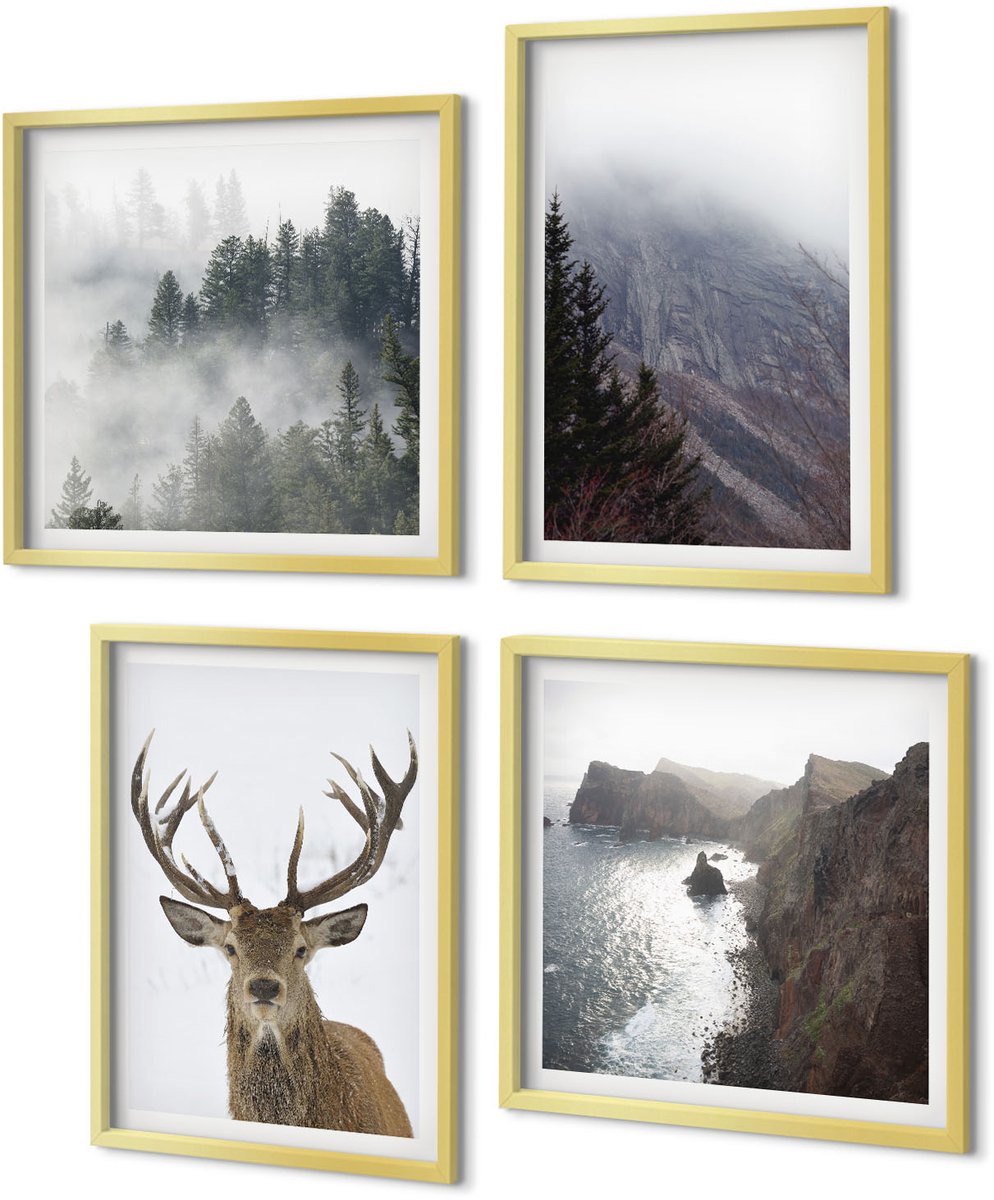 Coloray 4-Delige Schilderij Set - Berglandschap met mist, water en herten - 40 x 40 cm en 40 x 60 cm - Muurdecoratie - Wanddecoratie - Hal - Moderne Wanddecoratie