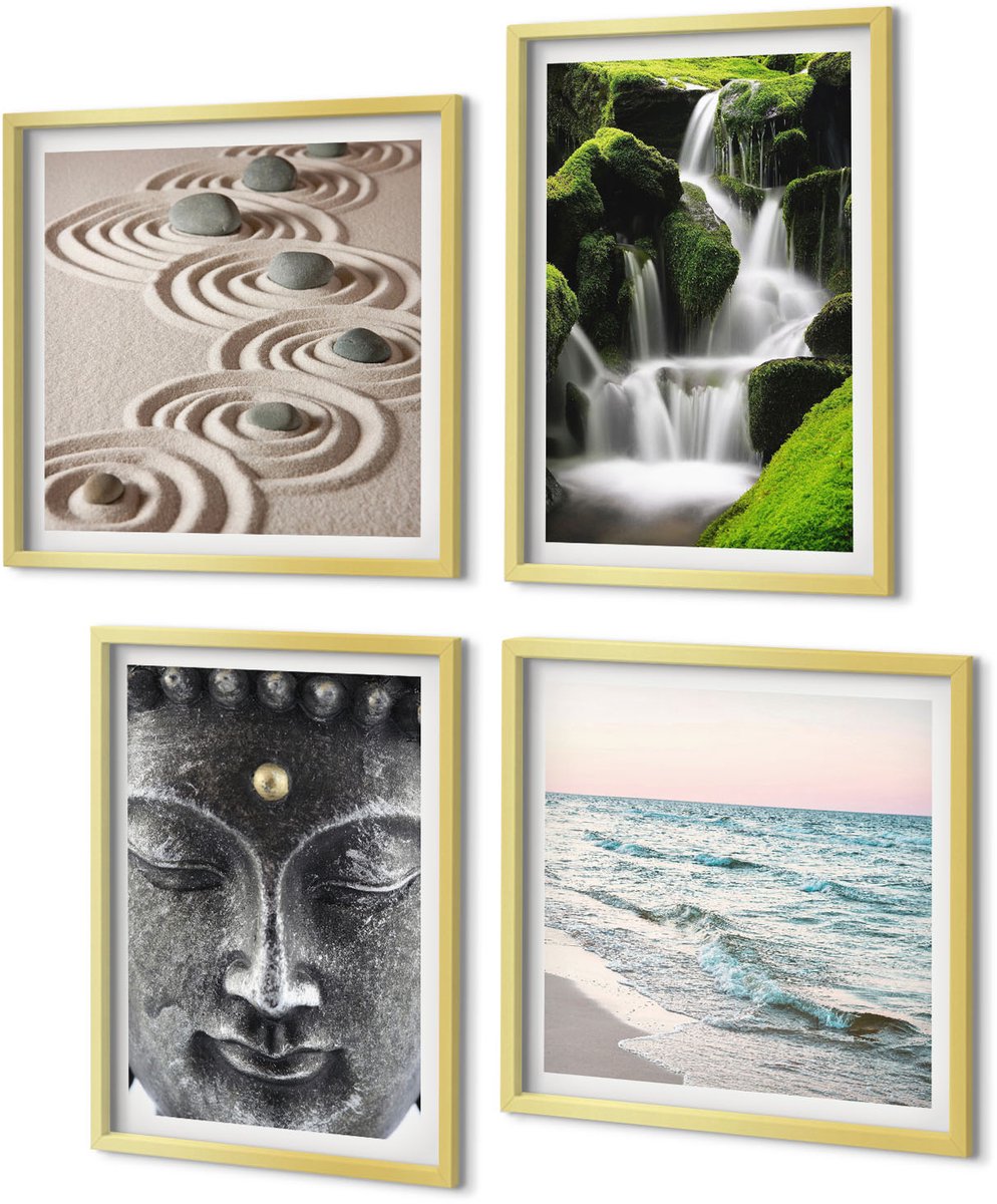 Coloray 4-Delige Schilderij Set - Rust van de natuur met stenen, een waterval en een Boeddha. - 40 x 40 cm en 40 x 60 cm - Muurdecoratie - Interieur Decoratie