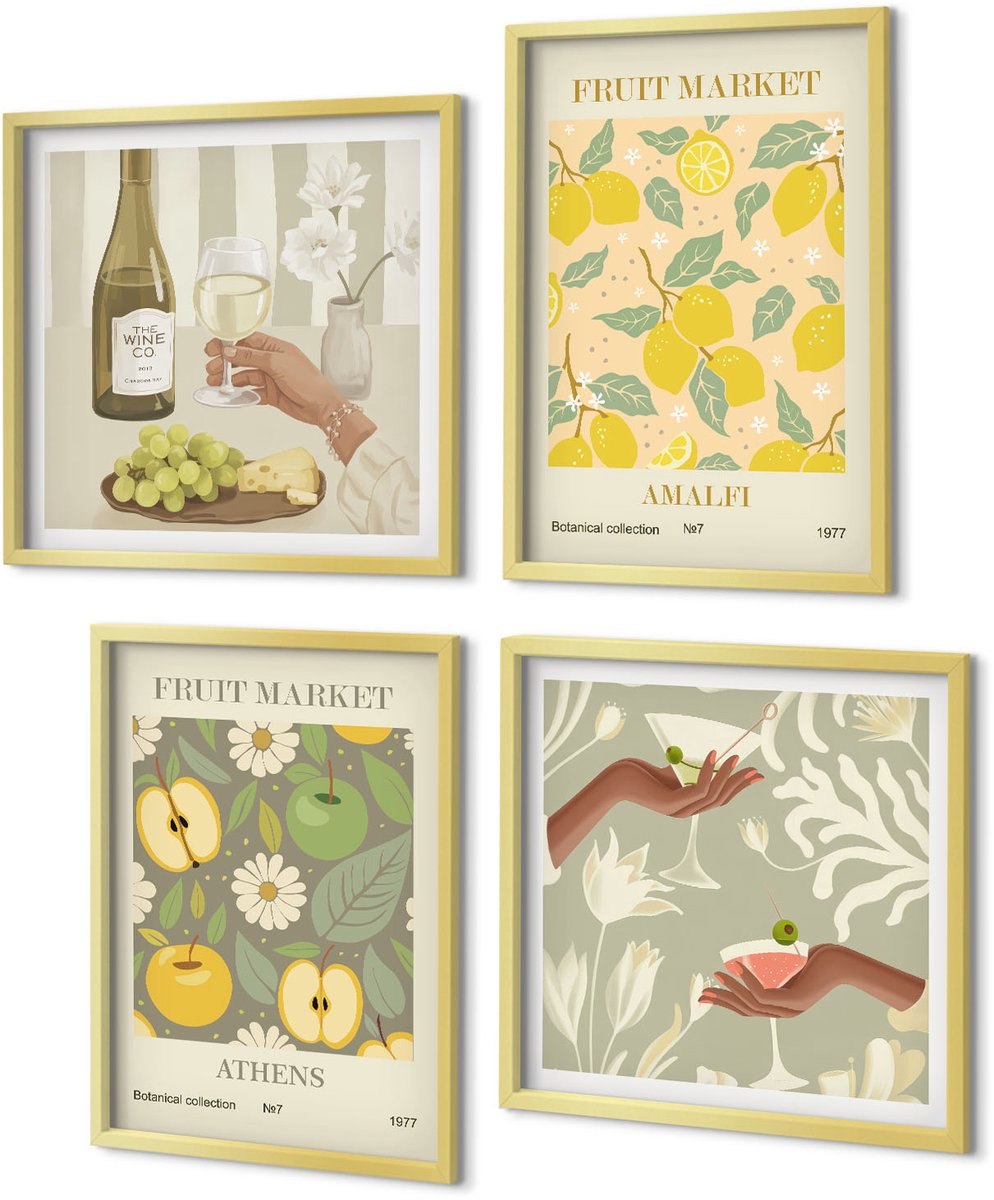 Coloray 4-Delige Schilderij Set - Posters met fruitpatronen en Italiaanse wijn - 40 x 40 cm en 40 x 60 cm - Wanddecoratie - Moderne Interieurdecoratie - Muurdecoratie