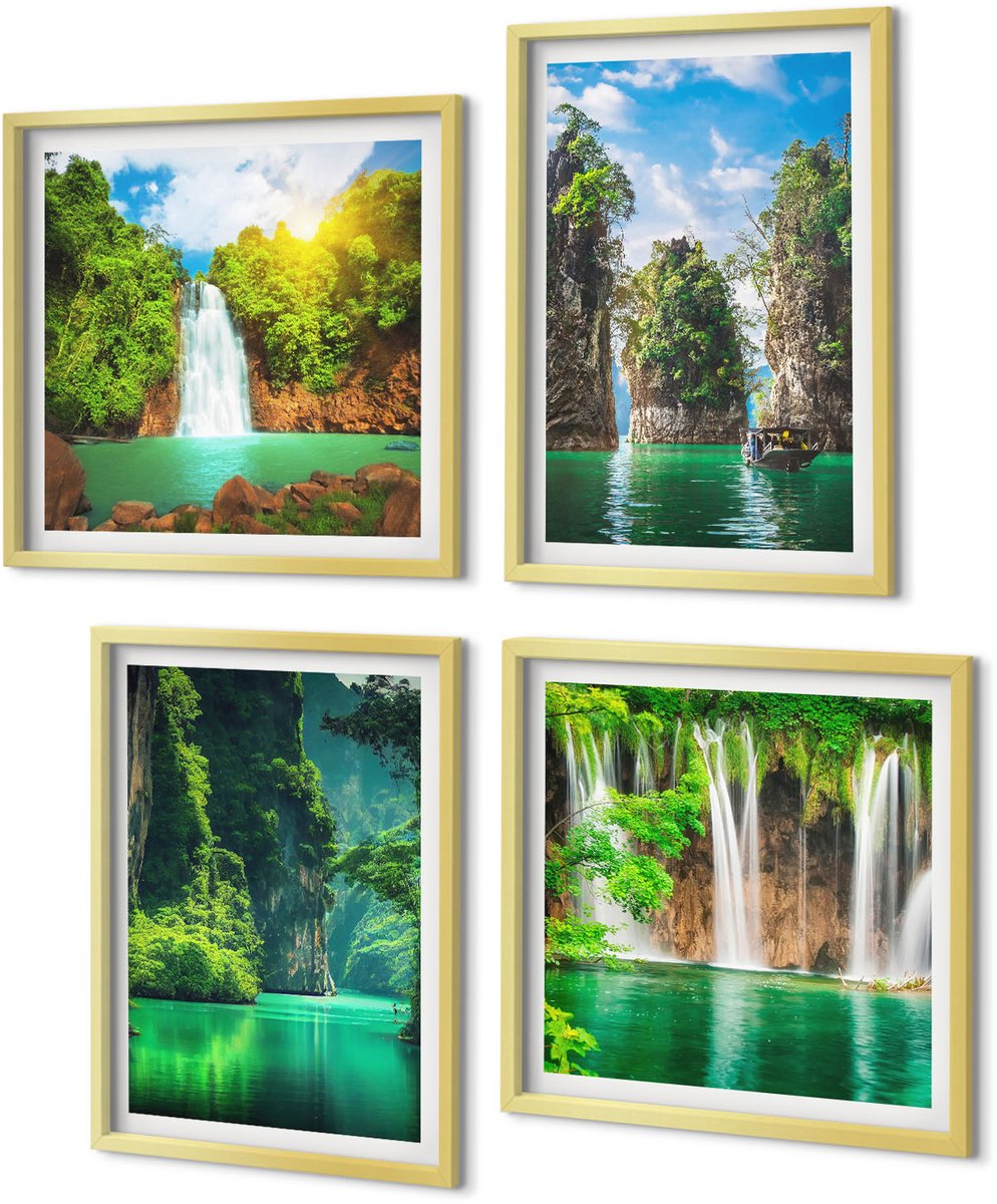 Coloray 4-Delige Schilderij Set - Groene landschappen met watervallen en rotsen - 40 x 40 cm en 40 x 60 cm - Wanddecoratie - Muurdecoratie - Moderne Interieurdecoratie