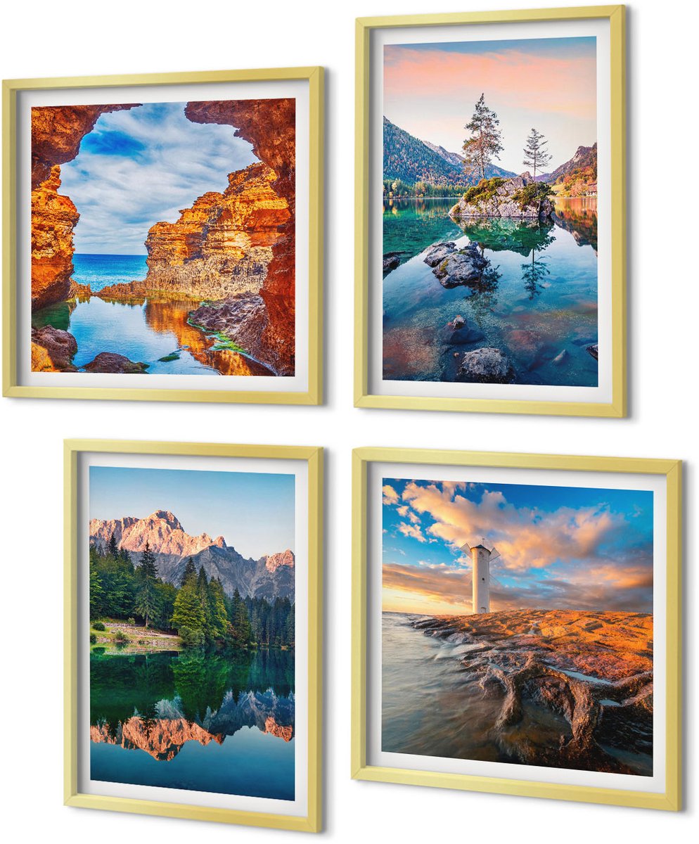 Coloray 4-Delige Schilderij Set - Bergmeren met weerspiegelingen in het water en de rotsen. - 40 x 40 cm en 40 x 60 cm - Muurdecoratie - Schilderijen Set - Woonkamer - Decoratieve Schilderijen
