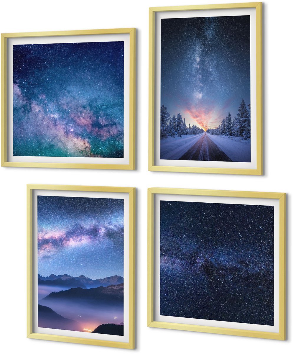 Coloray 4-Delige Schilderij Set - Nachtelijke hemel, bergen, kloof, ruimte en winterlandschap - 40 x 40 cm en 40 x 60 cm - Moderne Wanddecoratie - Woonkamer - Muurdecoratie