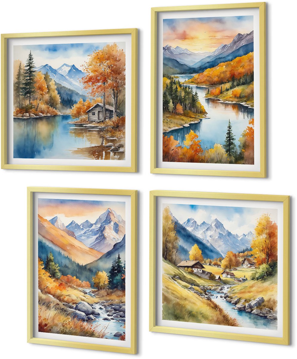 Coloray 4-Delige Schilderij Set - Berglandschap met een rivier en herfstbomen - 40 x 40 cm en 40 x 60 cm - Wanddecoratie - Muurdecoratie - Woonkamer - Moderne Wanddecoratie