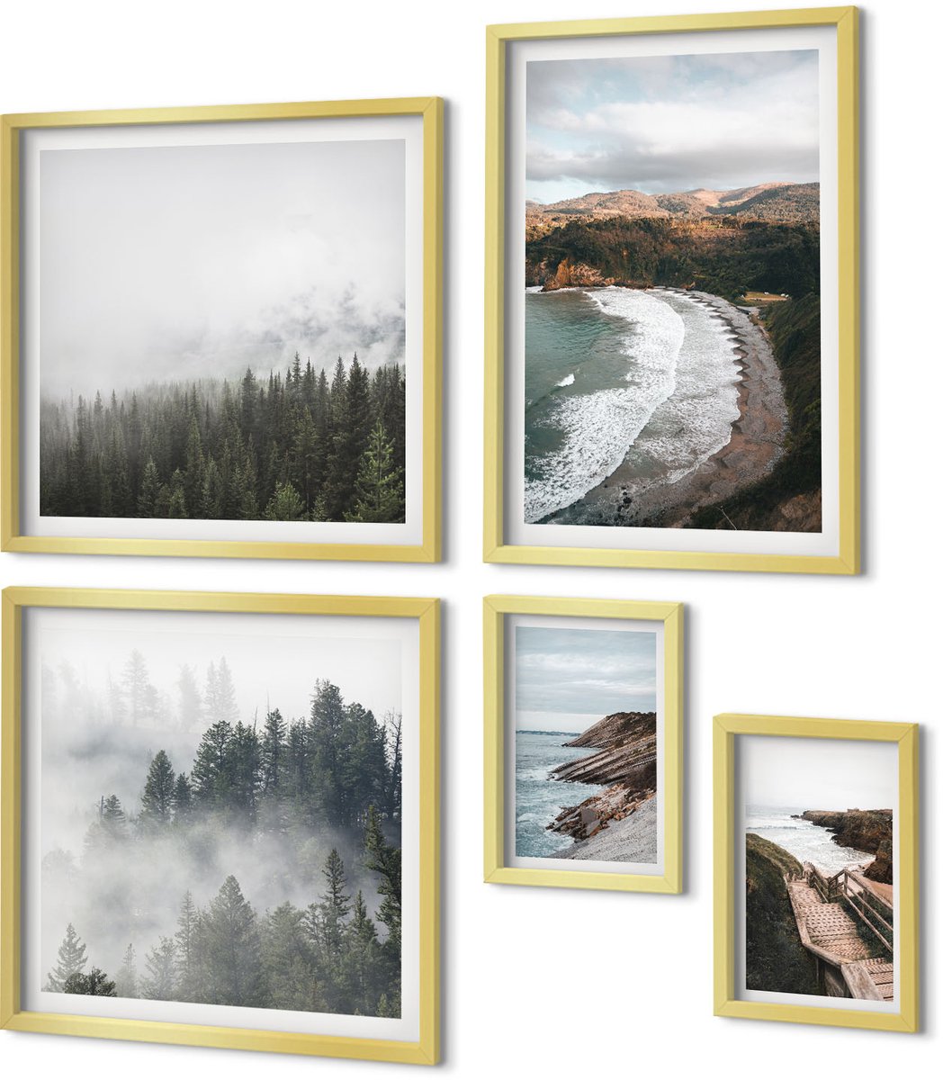Coloray 5-Delige Schilderij Set - Kustlandschappen Met Bossen En Bergheuvels - 50 x 50 cm, 20 x 30 cm En 40 x 60 cm - Muurdecoratie - Wanddecoratie - Slaapkamer - Interieur Decoratie