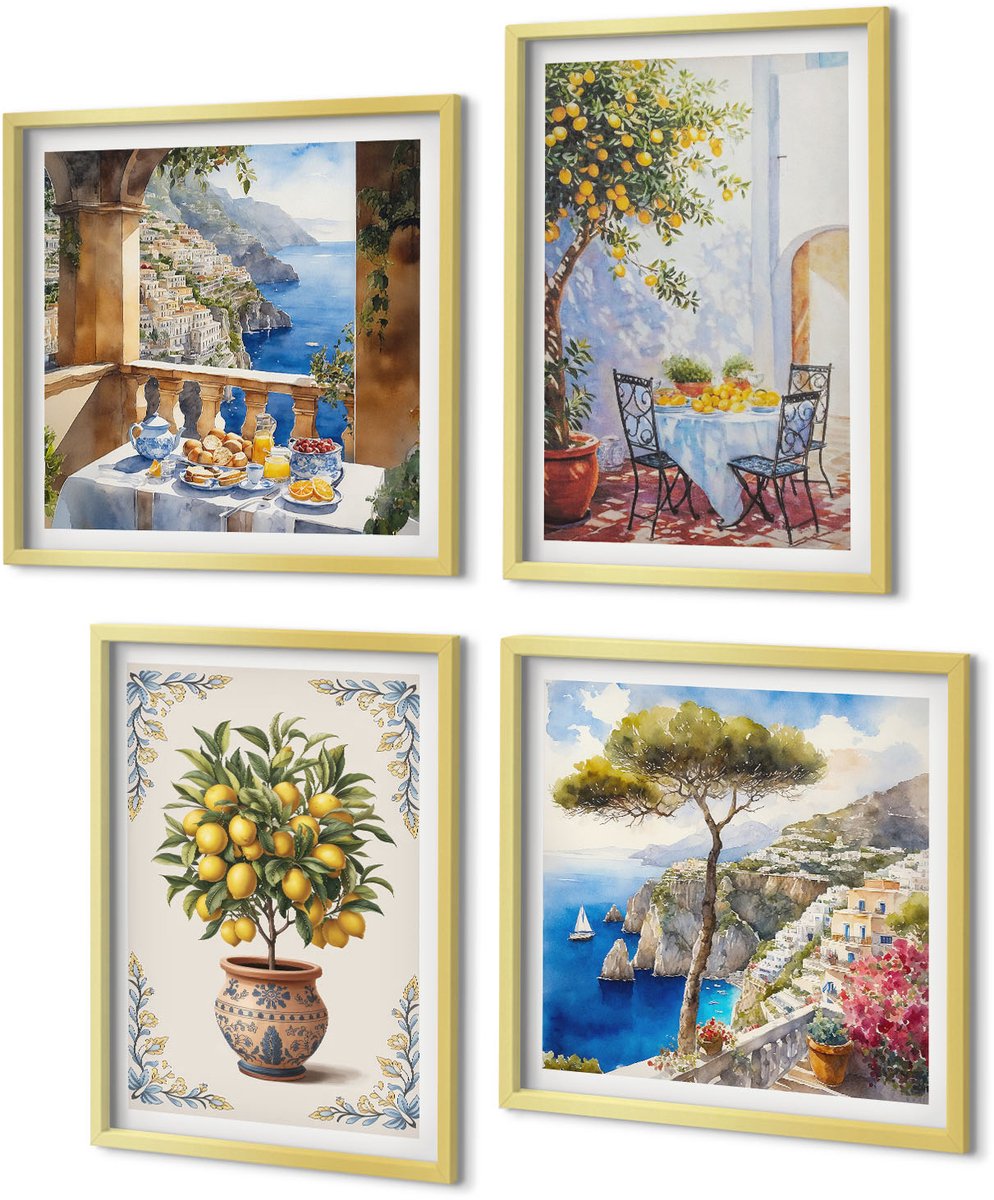 Coloray 4-Delige Schilderij Set - Zeezicht met citroenboom en tuintafel - 40 x 40 cm en 40 x 60 cm - Muurdecoratie - Interieur Decoratie - Moderne Wanddecoratie