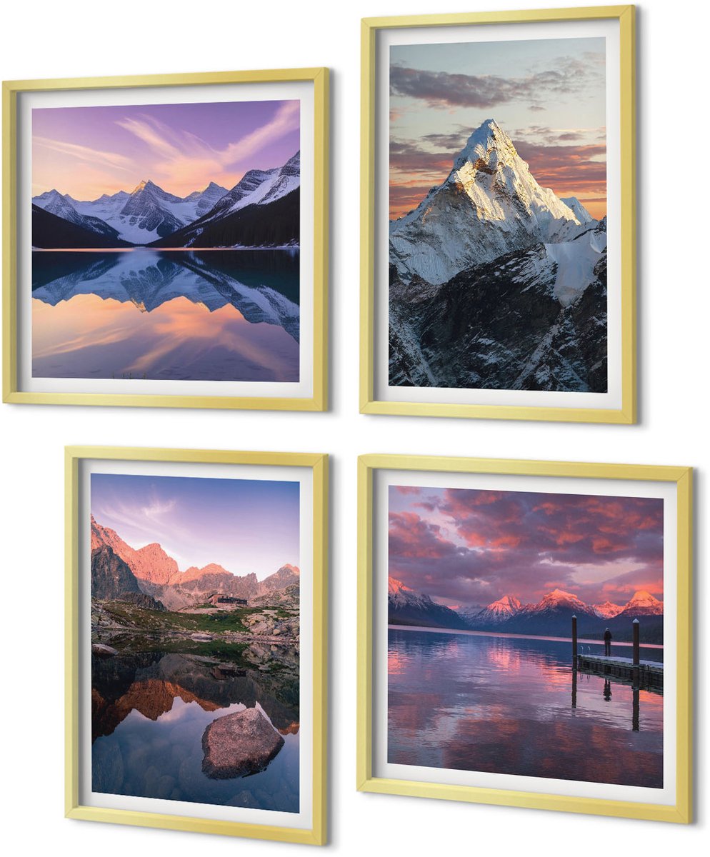 Coloray 4-Delige Schilderij Set - Berglandschappen met water en rotsen op de achtergrond. - 40 x 40 cm en 40 x 60 cm - Schilderijen Set - Wanddecoratie - Woonkamer - Muurdecoratie