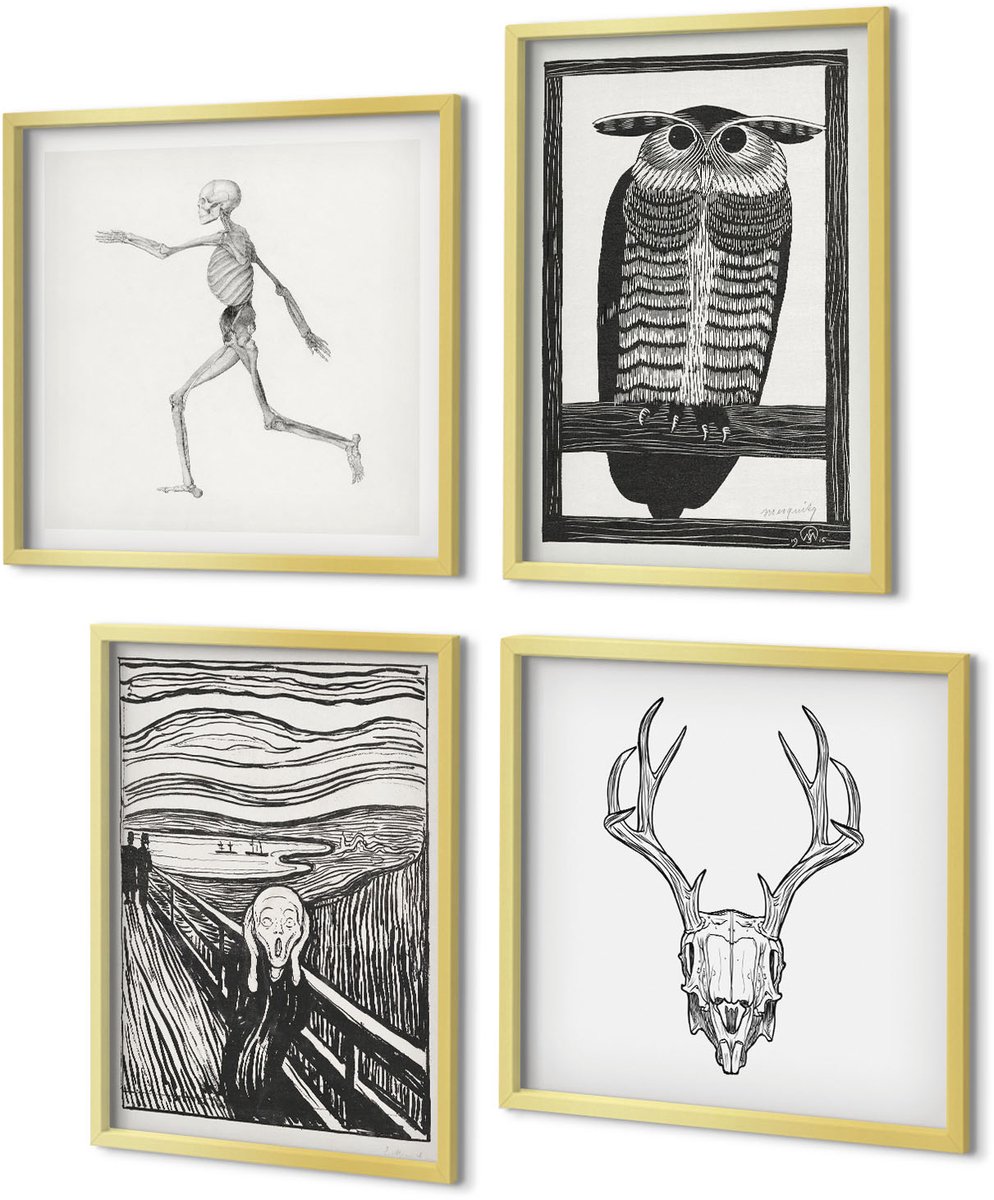 Coloray 4-Delige Schilderij Set - Inspiratiebeeld: Schreeuw met schedel en uil in grafische stijl - 40 x 40 cm en 40 x 60 cm - Schilderijen Set - Wanddecoratie - Woonkamer - Moderne Wanddecoratie