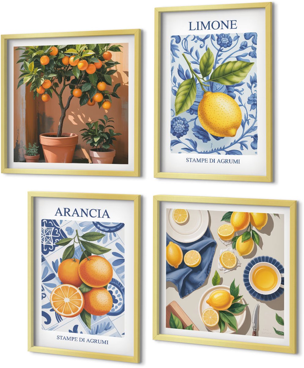 Coloray 4-Delige Schilderij Set - Vintage illustraties van citrusvruchten - 40 x 40 cm en 40 x 60 cm - Decoratieve Schilderijen - Woonkamer - Interieur - Woonkamer Decoratie