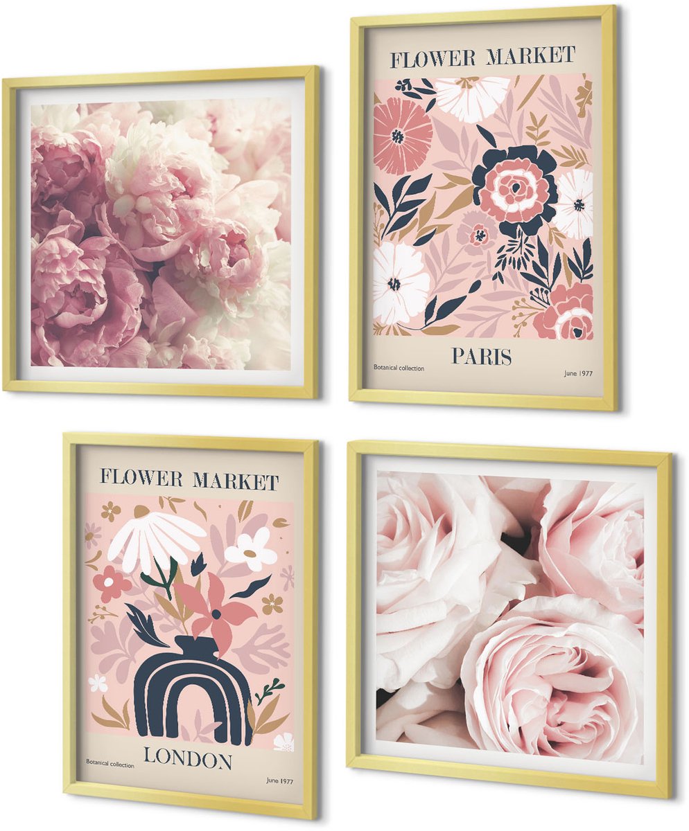 Coloray 4-Delige Schilderij Set - Bloemmotieven Rozen Pioenrozen Londen Parijs - 40 x 40 cm en 40 x 60 cm - Muurdecoratie - Decoratieve Schilderijen - Wohnzimmer - Interieur Decoratie