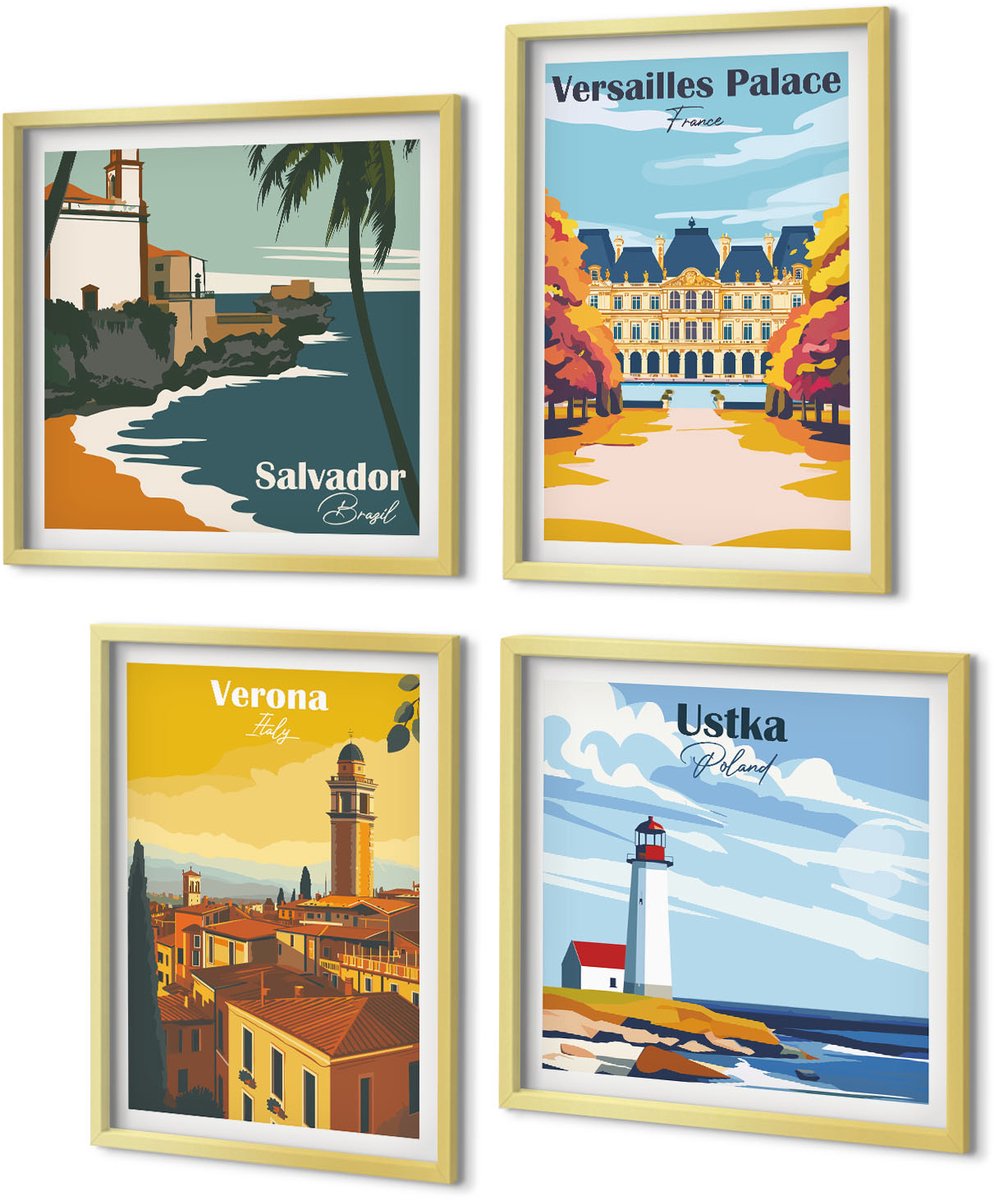 Coloray 4-Delige Schilderij Set - Uitzichten op beroemde plekken aan zee en in steden - 40 x 40 cm en 40 x 60 cm - Wanddecoratie - Moderne Interieurdecoratie