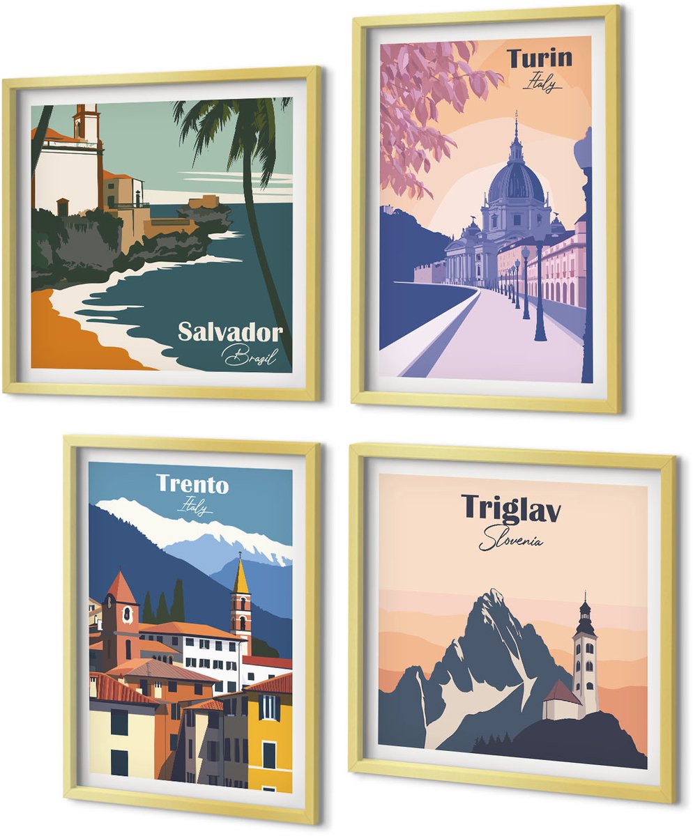 Coloray 4-Delige Schilderij Set - Bergen en architectuur, retro, kleurrijke illustraties - 40 x 40 cm en 40 x 60 cm - Muurdecoratie - Schilderijen Set - Woonkamer
