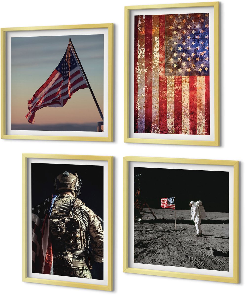 Coloray 4-Delige Schilderij Set - Amerikaanse nationale symbolen, vlag van de VS - 40 x 40 cm en 40 x 60 cm - Wanddecoratie - Muurdecoratie - Woonkamer