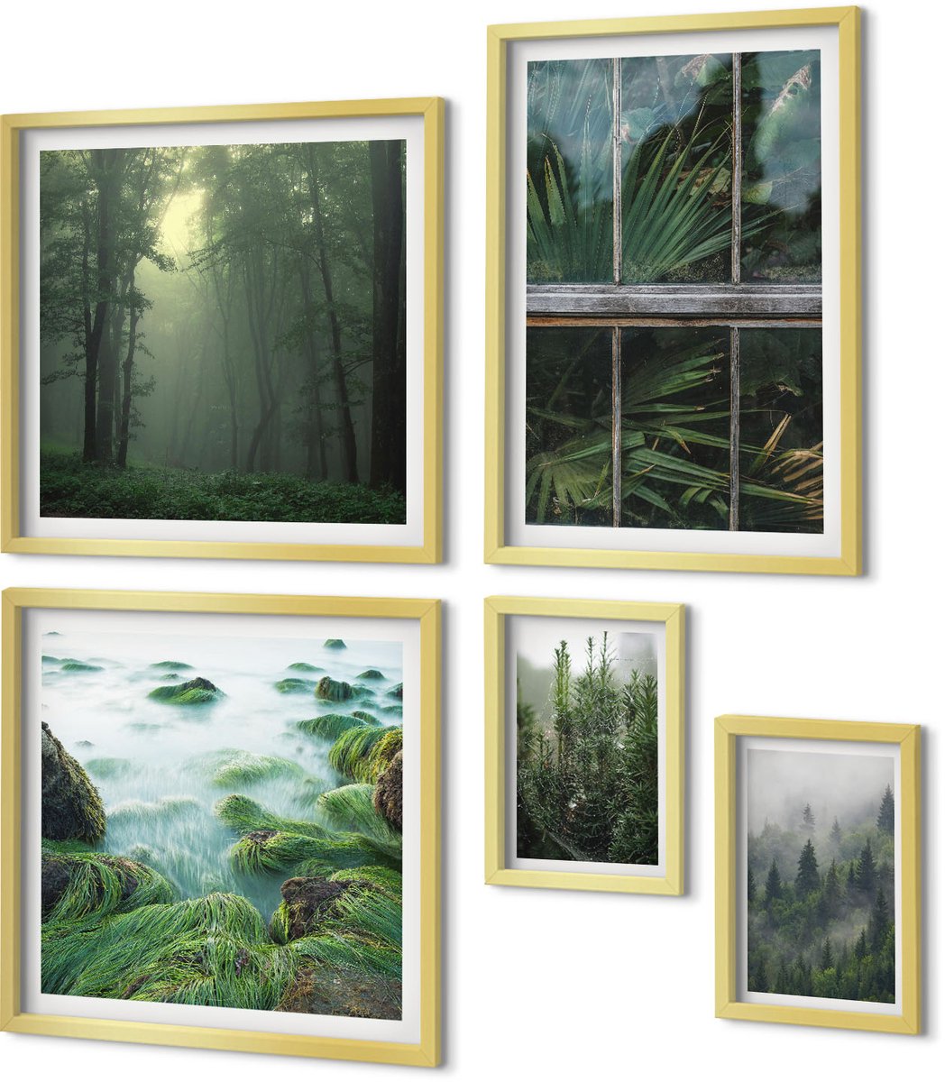 Coloray 5-Delige Schilderij Set - Groene Landschappen Met Bossen En Natuurlijke Vegetatie - 50 x 50 cm, 20 x 30 cm En 40 x 60 cm - Moderne Wanddecoratie - Woonkamer - Interieur Decoratie