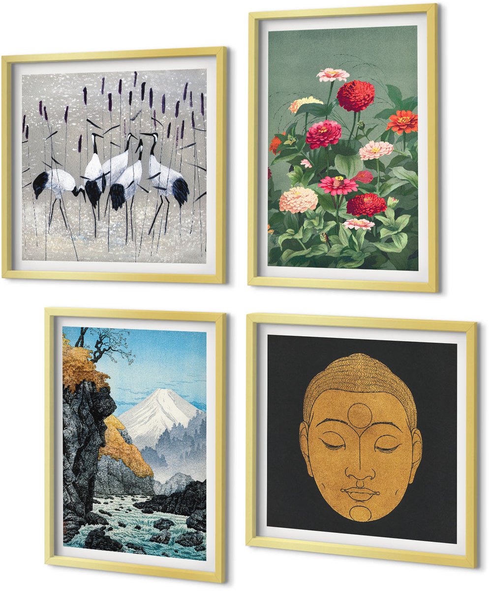 Coloray 4-Delige Schilderij Set - Japanse natuur en cultuur in Japandi-stijl - 40 x 40 cm en 40 x 60 cm - Muurdecoratie - Wanddecoratie - Slaapkamer - Woonkamer Decoratie