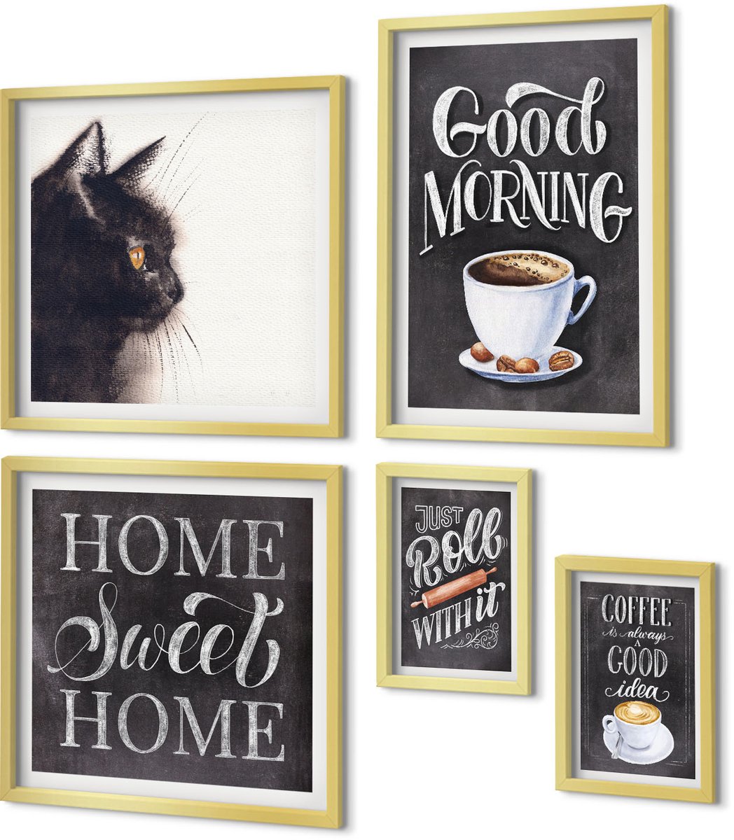 Coloray 5-Delige Schilderij Set - Koffie-Inspiratie Met Een Kat En Positieve Slogans - 50 x 50 cm, 20 x 30 cm En 40 x 60 cm - Stijlvolle Wanddecoratie - Interieur