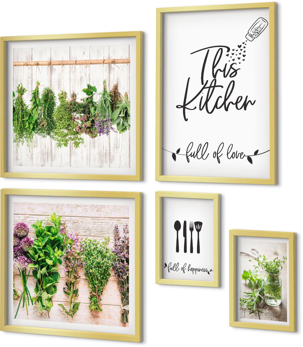 Coloray 5-Delige Schilderij Set - Inspiratie Voor Een Rustieke, Kruidige Keuken - 50 x 50 cm, 20 x 30 cm En 40 x 60 cm - Muurdecoratie - Schilderijen Set - Woonkamer - Decoratieve Schilderijen