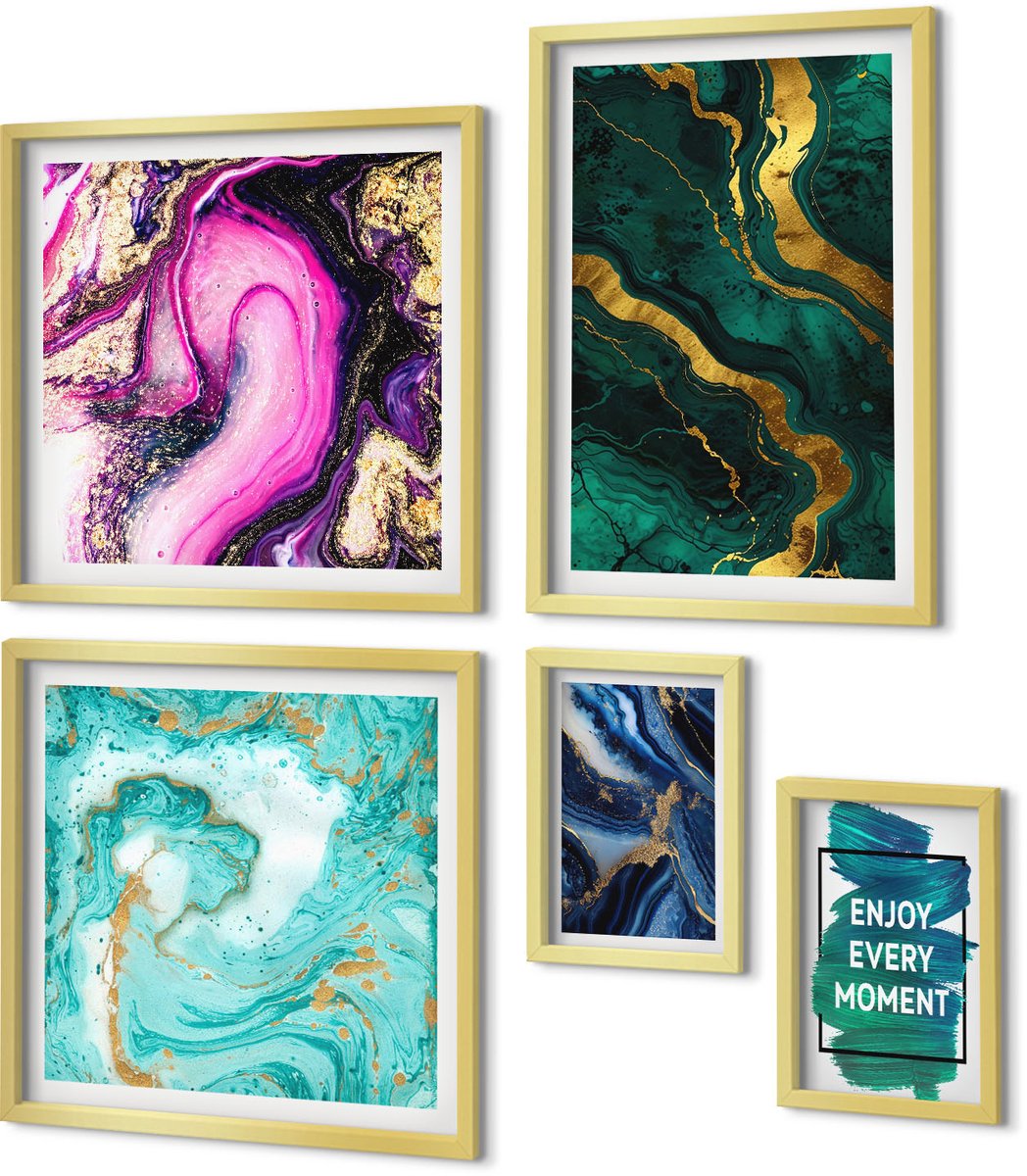 Coloray 5-Delige Schilderij Set - Abstracte Patronen In Tinten Groen En Paars. - 50 x 50 cm, 20 x 30 cm En 40 x 60 cm - Wanddecoratie - Muurdecoratie - Moderne Interieurdecoratie