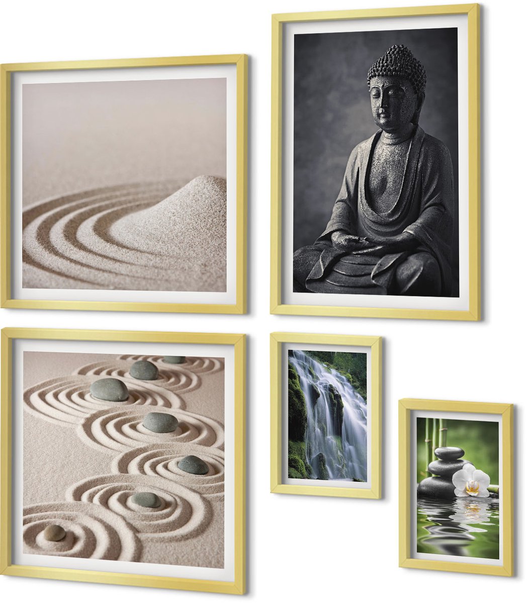 Coloray 5-Delige Schilderij Set - Rustgevende Zen-Thema'S Met Natuur En Boeddhistische Boodschappen - 50 x 50 cm, 20 x 30 cm En 40 x 60 cm - Decoratieve Muurdecoratie - Slaapkamer - Decoratieve Schilderijen