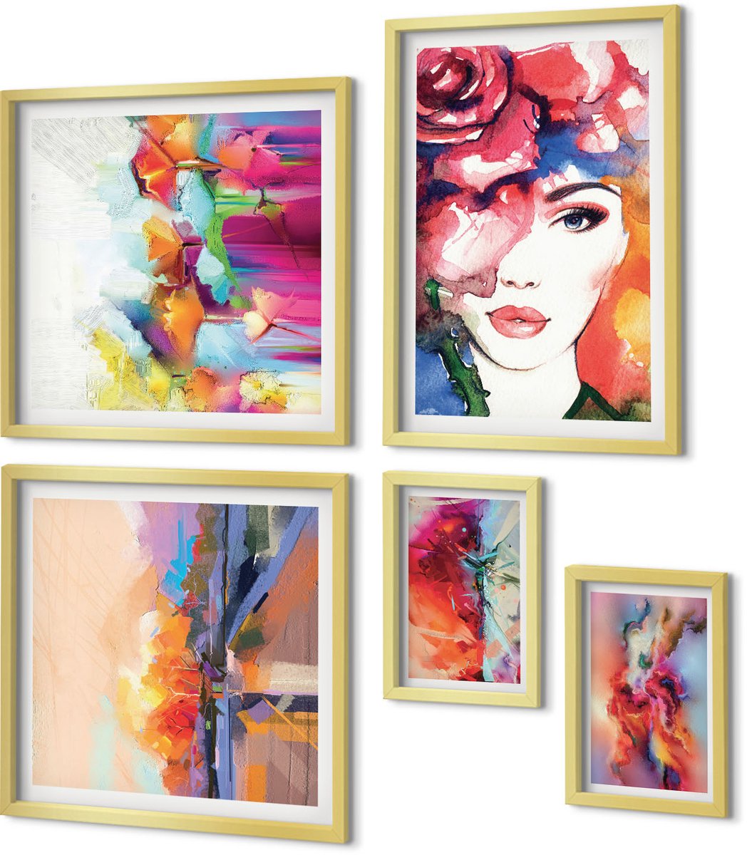 Coloray 5-Delige Schilderij Set - Kleurrijke Portretten En Abstracte Kunstcomposities - 50 x 50 cm, 20 x 30 cm En 40 x 60 cm - Decoratieve Schilderijen - Woonkamer - Interieur - Stijlvolle Muurdecoratie