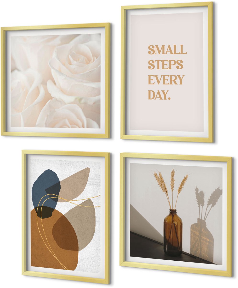 Coloray 4-Delige Schilderij Set - Abstracte vormen en natuurlijke accenten inbegrepen - 40 x 40 cm en 40 x 60 cm - Muurdecoratie - Decoratieve Schilderijen - Wohnzimmer