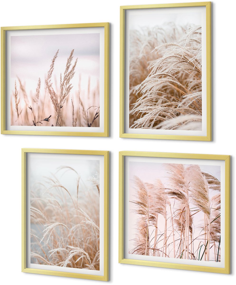 Coloray 4-Delige Schilderij Set - Grasvelden in delicate tinten bruin en beige. - 40 x 40 cm en 40 x 60 cm - Wanddecoratie - Schilderijen Set - Interieur - Moderne Wanddecoratie
