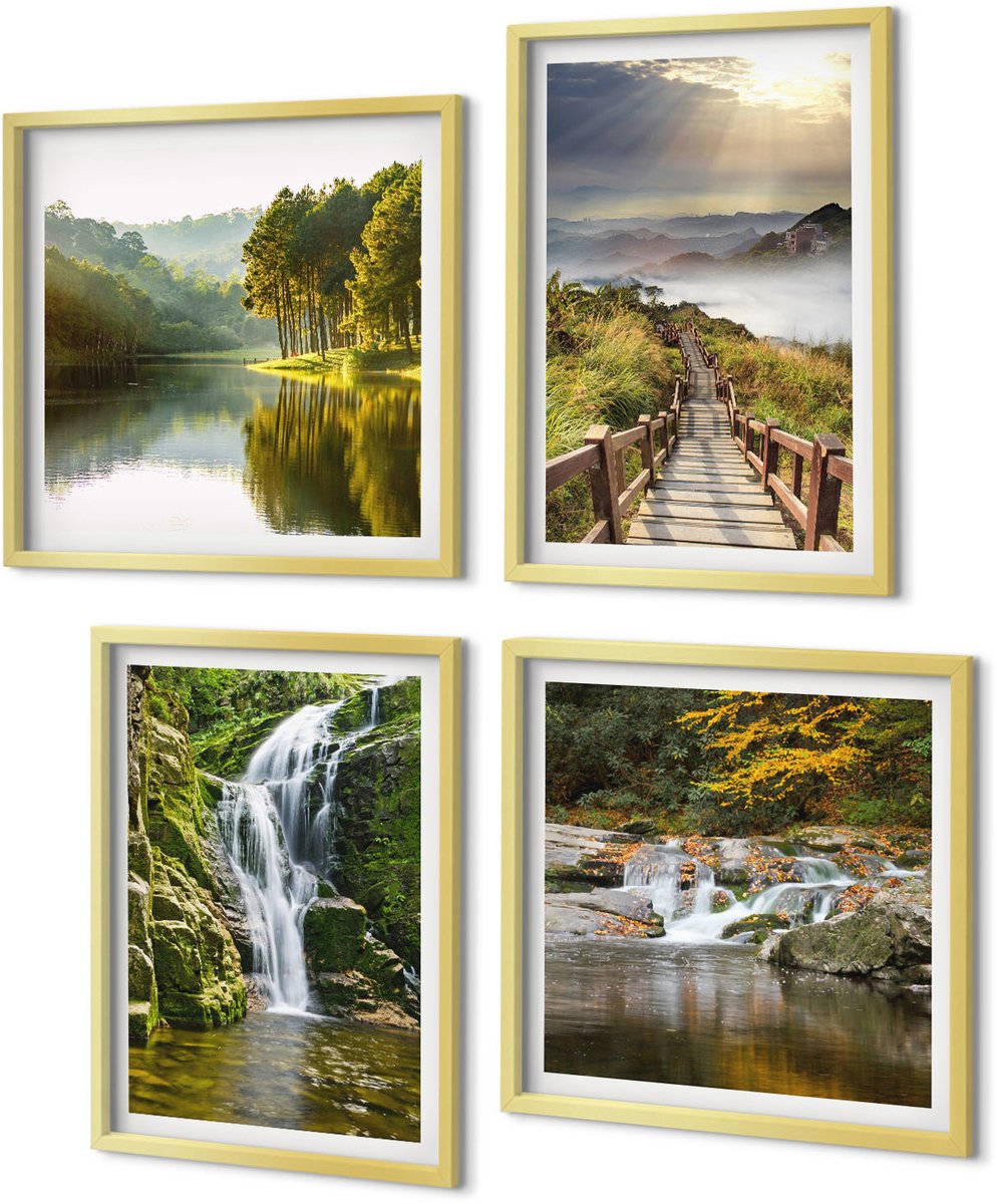 Coloray 4-Delige Schilderij Set - Watervallen, bergen, wolkenpaden en herfstgezichten - 40 x 40 cm en 40 x 60 cm - Wanddecoratie - Muurdecoratie - Moderne Interieurdecoratie