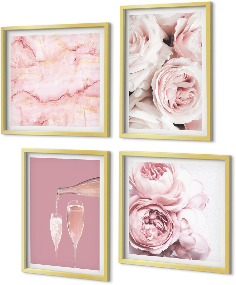 Coloray 4-Delige Schilderij Set - Champagnekleurige rozen en een pastelkleurige marmeren achtergrond - 40 x 40 cm en 40 x 60 cm - Stijlvolle Wanddecoratie - Interieur - Stijlvolle Muurdecoratie