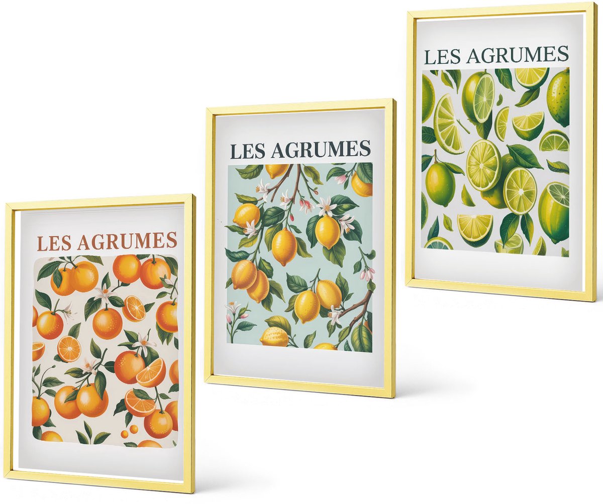 Coloray 3-Delige Schilderij Set - Citroenen En Bloemen In Potten In Een Kustplaats - 40 x 40 cm En 40 x 60 cm - Schilderijen Set - Wanddecoratie - Woonkamer - Muurdecoratie