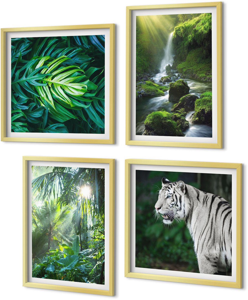 Coloray 4-Delige Schilderij Set - Jungle met een witte tijger en een wilde waterval - 40 x 40 cm en 40 x 60 cm - Wanddecoratie - Muurdecoratie - Moderne Interieurdecoratie - Interieur Decoratie