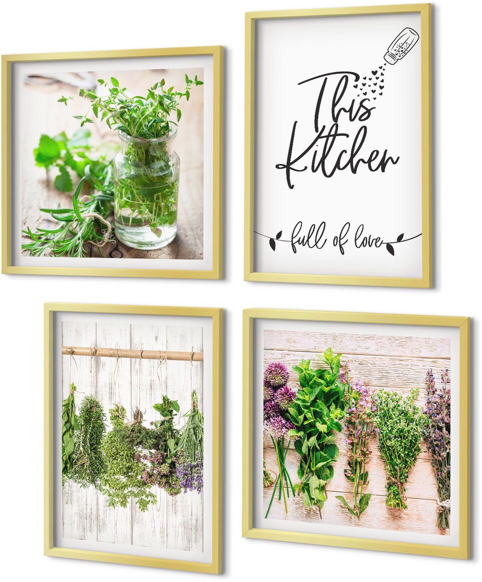 Coloray 4-Delige Schilderij Set - Kruiden en planten drogen voor in de keuken - 40 x 40 cm en 40 x 60 cm - Decoratieve Schilderijen - Wanddecoratie - Hal - Woonkamer Decoratie