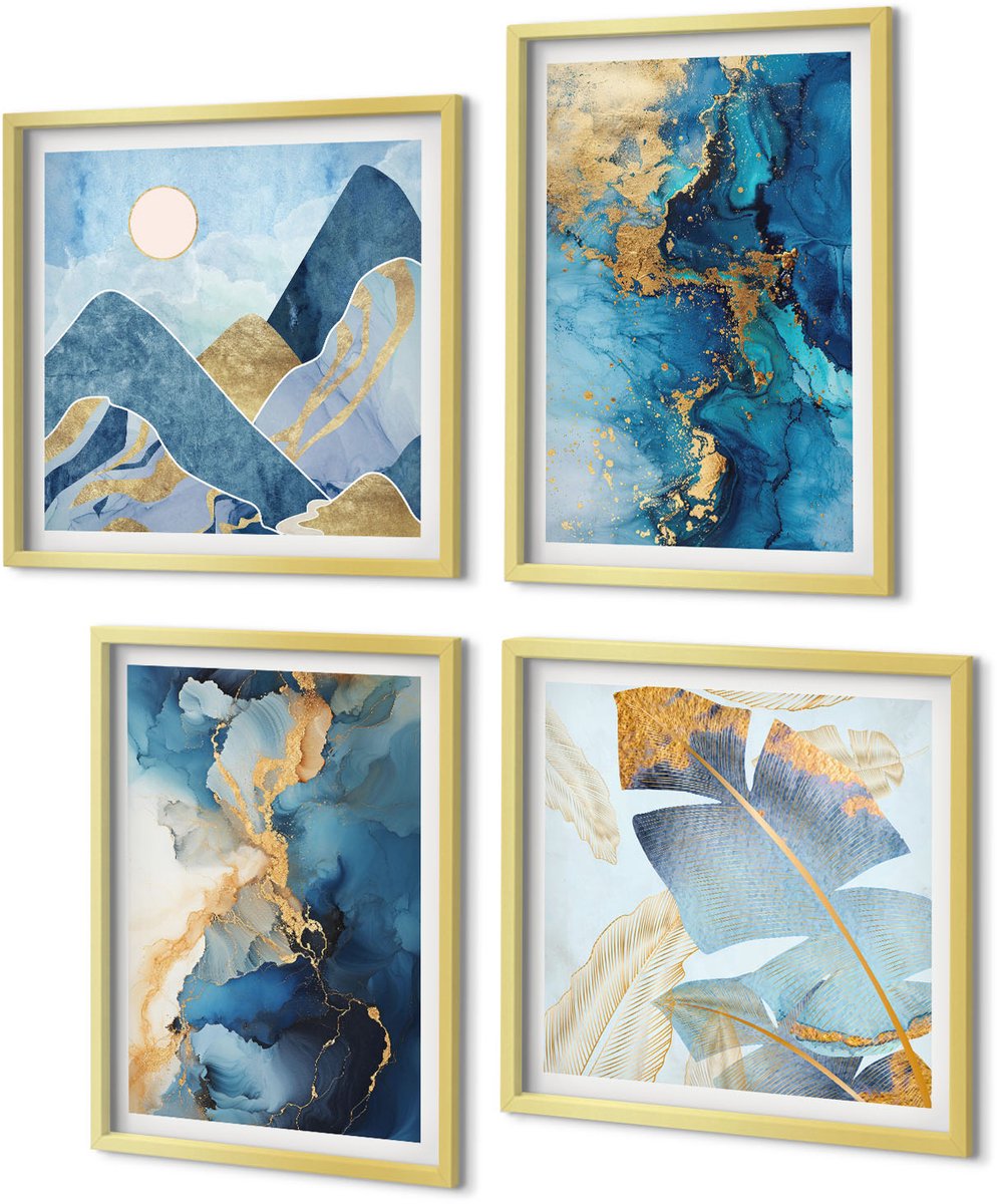 Coloray 4-Delige Schilderij Set - Abstracte patronen van de Blauwe Bergen - 40 x 40 cm en 40 x 60 cm - Schilderijen Set - Wanddecoratie - Woonkamer - Decoratieve Schilderijen
