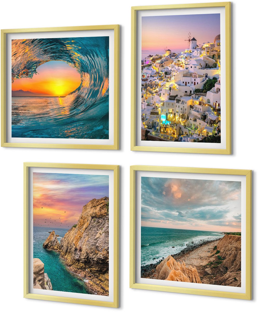 Coloray 4-Delige Schilderij Set - Uitzicht op de zee, de golven en de witte huizen op Santorini, Griekenland - 40 x 40 cm en 40 x 60 cm - Muurdecoratie - Interieur Decoratie - Moderne Wanddecoratie