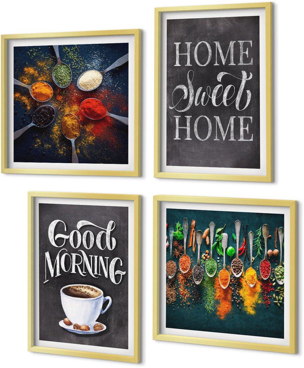 Coloray 4-Delige Schilderij Set - Kruidenkoffie met een kopje, keukenkruiden, specerijen - 40 x 40 cm en 40 x 60 cm - Wanddecoratie - Moderne Interieurdecoratie - Muurdecoratie